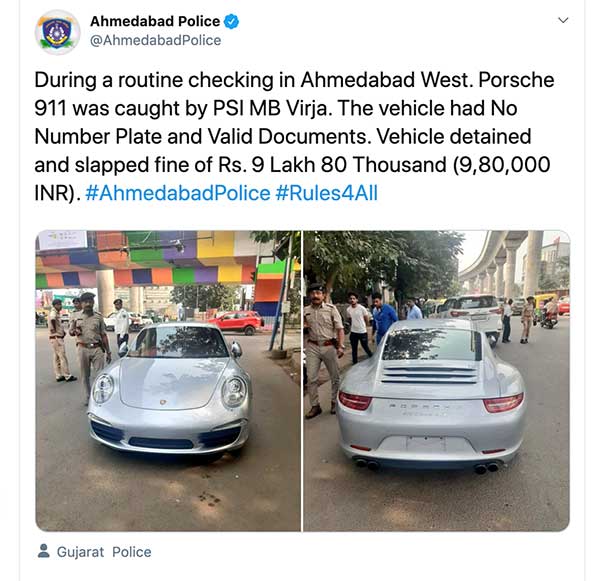 നമ്പര് പ്ലേറ്റും രജിസ്ട്രേഷന് രേഖകളുമില്ല; ആഢംബര കാറിന് 9.8 ലക്ഷം രൂപ പിഴ