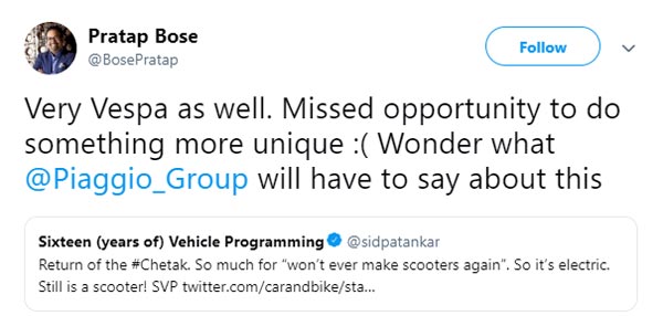 ചേതക്കിന്റെ ഡിസൈന് വെസ്പയുടെ കോപ്പിയെന്ന് ടാറ്റ; മറുപടിയുമായി ബജാജ്