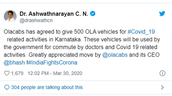 കൊവിഡ്-19; അവശ്യ സേവനങ്ങൾക്ക് 500 ക്യാബുകൾ വിട്ടു നൽകി ഓല