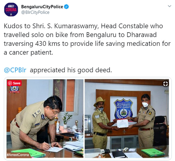 ലോക്ക്ഡൗൺ കാലയളവിൽ രോഗിക്ക് മരുന്ന് എത്തിക്കാൻ പൊലീസുകാരൻ സഞ്ചരിച്ചത് 864 കിലോമീറ്റർ
