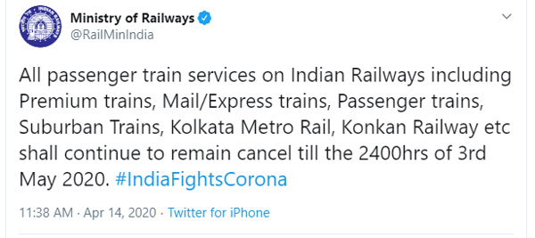 മെയ് 3 വരെ രാജ്യത്ത് ട്രെയിനുകള് സര്വീസ് നടത്തില്ലെന്ന് ഇന്ത്യന് റെയില്വേ