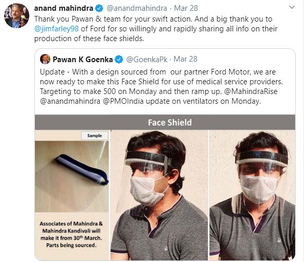 കൊവിഡ്-19; 2,50,000 ഫേസ് ഷീല്ഡുകള് നിര്മ്മിച്ച് മഹീന്ദ്ര
