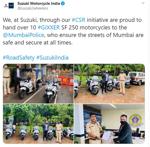 മുംബൈ പൊലീസിന്റെ പട്രോളിംഗ് ഇനിമുതൽ സുസുക്കി ജിക്സർ SF 250 -ൽ