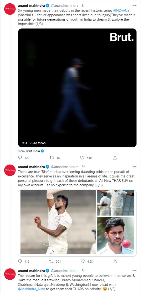 വിജയത്തിന് മാറ്റുകൂട്ടി ആനന്ദ് മഹീന്ദ്ര; ഇന്ത്യന് ടീമിലെ ആറ് താരങ്ങള്ക്ക് ഥാര് സമ്മാനിച്ചു