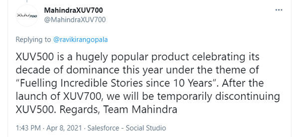 XUV700-യുടെ വരവ് പൊടിപൊടിക്കാന് മഹീന്ദ്ര; XUV500 താല്ക്കാലികമായി നിര്ത്തും