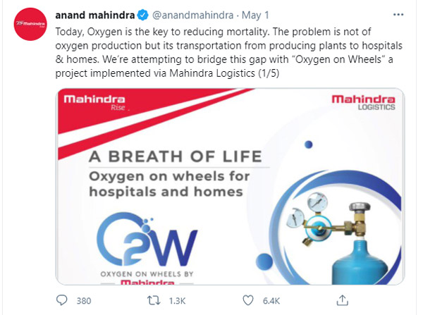 കൊവിഡ് കാലത്ത് സഹായവുമായി ആനന്ദ് മഹീന്ദ്ര; ഓക്സിജന് ഓണ് വീല്സ് പദ്ധതിക്ക് തുടക്കം