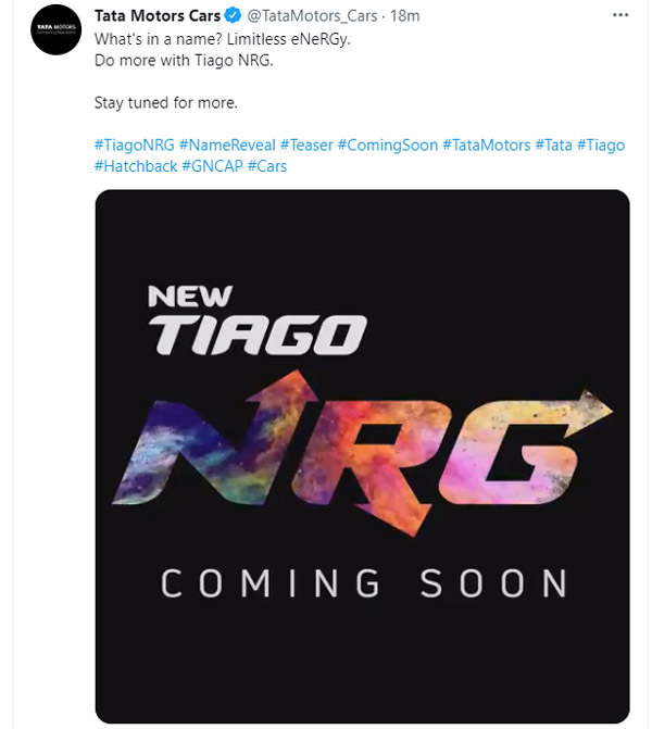 കൂടുതൽ സ്പോർട്ടിയായി ടിയാഗോ; 2021 NRG പതിപ്പിന്റെ ടീസർ പങ്കുവെച്ച് ടാറ്റ
