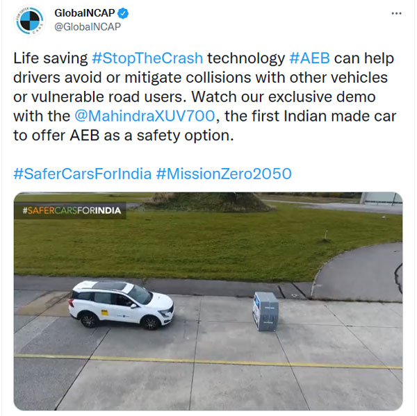 Mahindra XUV700 ഓട്ടോമാറ്റിക് എമർജൻസി ബ്രേക്കിംഗ് സിസ്റ്റത്തിന്റെ ഫീച്ചറുകൾ പങ്കുവെച്ച് GNCAP; വീഡിയോ