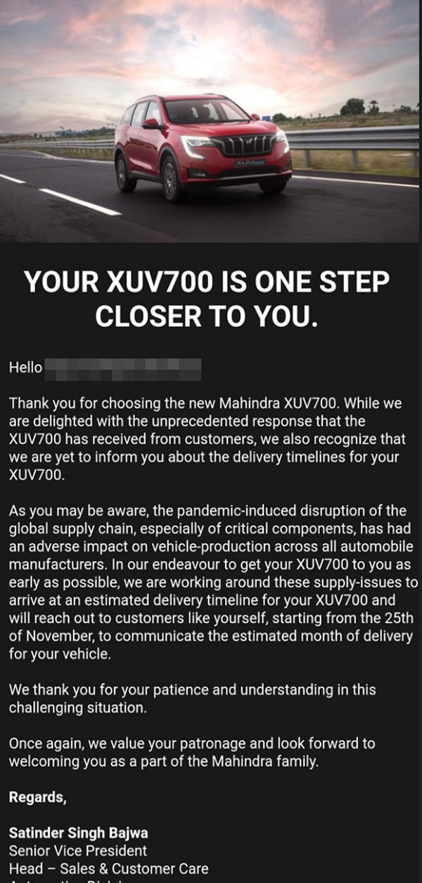 കാത്തിരുന്ന് മുഷിയേണ്ട! XUV700 എസ്യുവിയുടെ അടുത്ത ബാച്ച് ഡെലിവറി നവംബർ 25 മുതലെന്ന് Mahindra