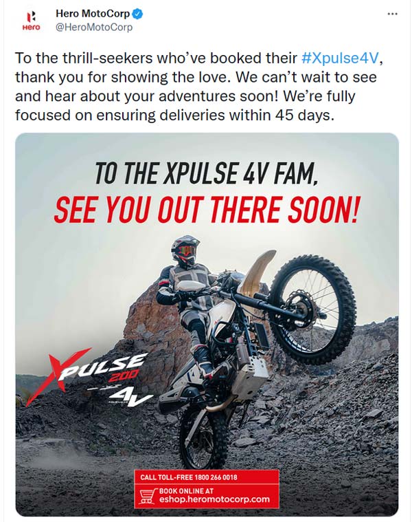 Xpulse 200 4V-യുടെ ബുക്കിംഗ് താല്ക്കാലികമായി നിര്ത്തി Hero; കാരണം ഇതാ