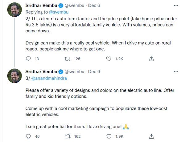 ചില മാറ്റങ്ങൾ അനിവാര്യം, മഹീന്ദ്ര ട്രിയോ ഇലക്ട്രിക്കിനായി നിർദ്ദേശങ്ങൾ മുന്നോട്ടുവെച്ച് ശ്രീധർ വെമ്പു