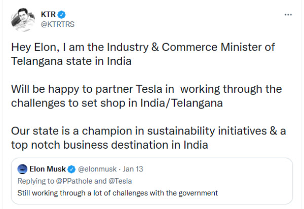 ടെസ്ലയ്ക്ക് സ്വാഗതം! ഫാക്ടറി തുടങ്ങാൻ മസ്കിനെ തെലങ്കാനയിലേക്ക് ക്ഷണിച്ച് മന്ത്രി കെടി രാമറാവു