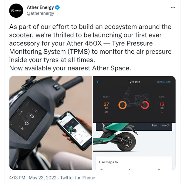Ather ഇലക്ട്രിക് സ്കൂട്ടറുകളിൽ ഇനി TPMS സംവിധാനവും, സ്വന്തമാക്കാൻ മുടക്കേണ്ടത് 5,000 രൂപ
